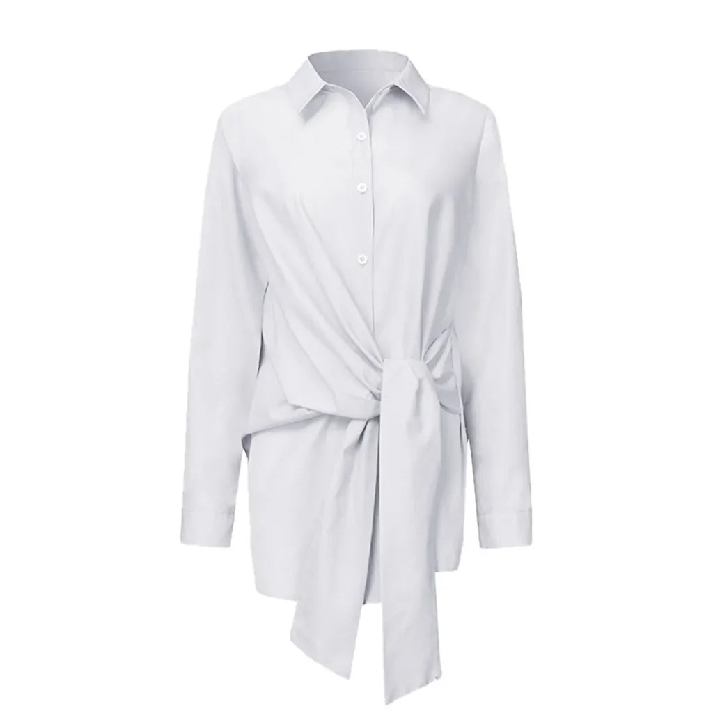 Blouses Women Tops Shirts Turn Down Collar Spring Y2k Streetwear Slim Fit Casual Lace Up Work High Waist Shirt Top Elegant White