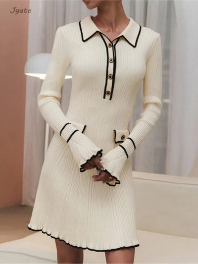 Elegant Ruffled Women Dress Long  Pit Stripe Knit Dresses For Winter Autumn Retro Lapel Pearl Button Fall Fashion Vestidos Robes