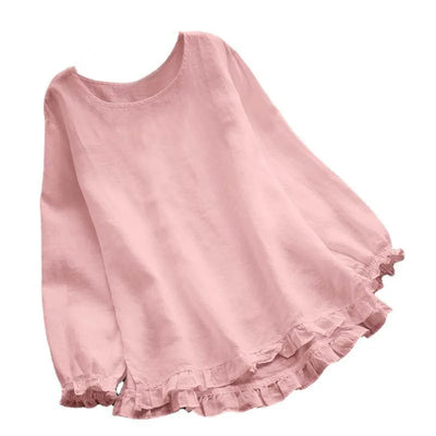 Casual Pullover Blouse For Women 2024 Autumn New Ladies Cotton And Linen Solid Color Loose Ruffle Round Neck Long Sleeved Shirt