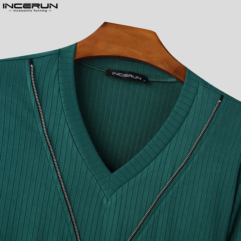 Short Sleeve Tops Tee Fashion Zipper Men T-Shirts Solid Color Irregular Tops V Neck Sexy Party Streetwear Oversize Tee INCERUN