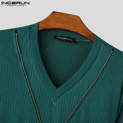 Short Sleeve Tops Tee Fashion Zipper Men T-Shirts Solid Color Irregular Tops V Neck Sexy Party Streetwear Oversize Tee INCERUN