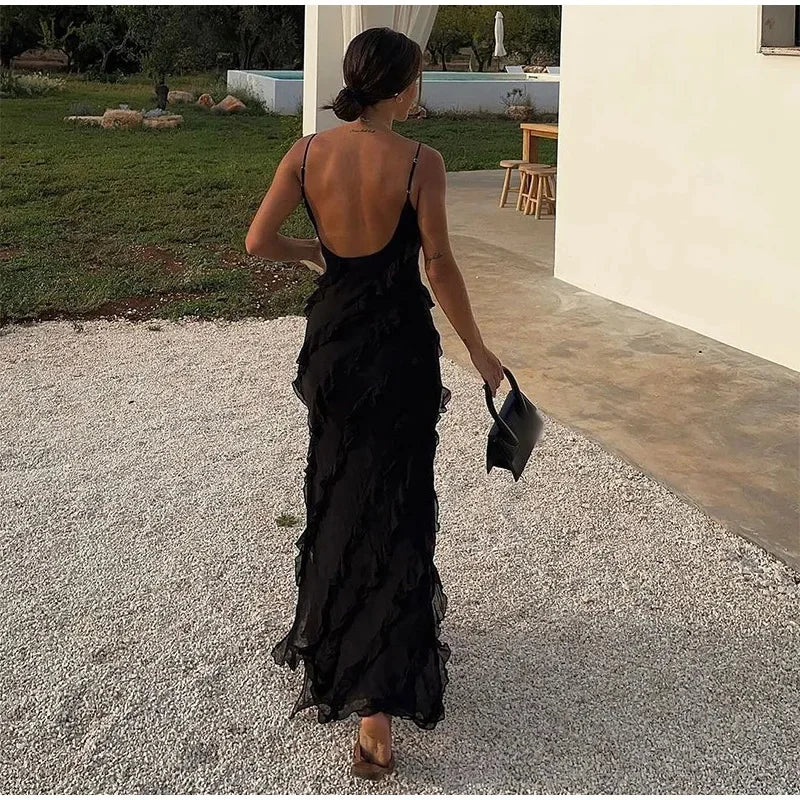 Elegant Stacked Ruffle Split Hem Long Dress Women Sexy Sleeveless Backless Chiffon V Neck Dresses 2024 New Lady Vacation Vestido