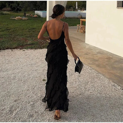 Elegant Stacked Ruffle Split Hem Long Dress Women Sexy Sleeveless Backless Chiffon V Neck Dresses 2024 New Lady Vacation Vestido