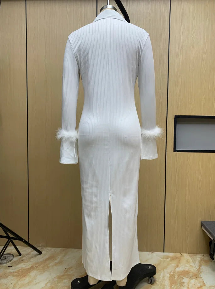 Elegant Party Dresses for Women 2023 Casual Fashion Plain Feather Detail Long Sleeve Turn-Down Collar Knit Maxi Dress Autumn