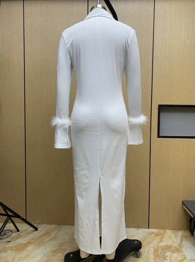 Elegant Party Dresses for Women 2023 Casual Fashion Plain Feather Detail Long Sleeve Turn-Down Collar Knit Maxi Dress Autumn