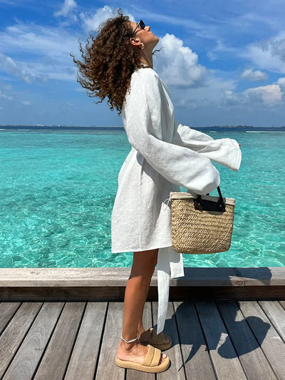 Wolfeel 2025 Autumn Summer New Cotton Linen Robe Dress Women's Fashion Lace Long Sleeve Dress Casual And Comfortable Beach Dress