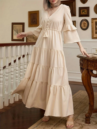 Elegant Women Corset Ruffle Dress Sexy Fashion Long Flare Sleeve V Neck High Waist Party Floor Length Dress Robe for Women