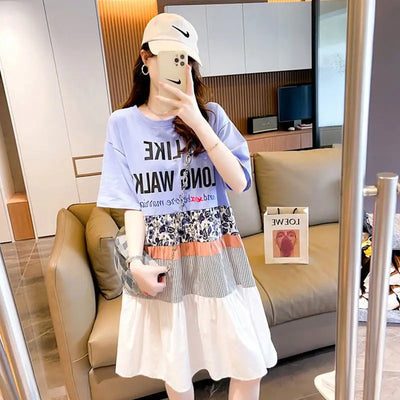 Casual Short Sleeve Letter Dresses Female Clothing Summer Loose A-Line Fashion Printed Patchwork Korean Round Neck Midi Dress