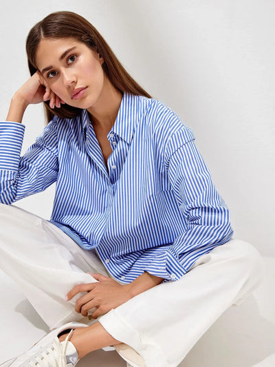 Wolfeel Loose Striped Shirts 2025 Autumn Chic 100% Cotton Blouse Female Tops Casual Lapel Oversized Lace Up Women Shirts