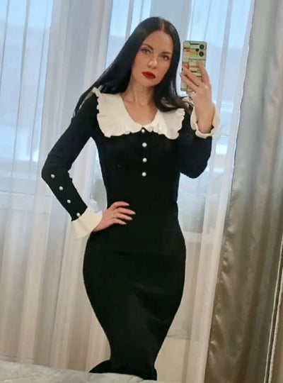 Elegant Party Dresses Woman Mid Length Ruffle Edge Dress with Contrasting Colors Knitted Dress 2024 Autumn Ladies French Dress
