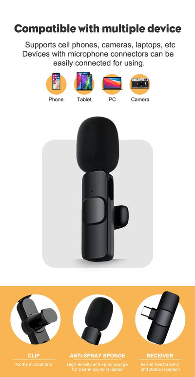 Wireless Lavalier Microphone Portable Audio Video Recording Mini Mic for iPhone Android Live Broadcast Gaming Phone Microphone