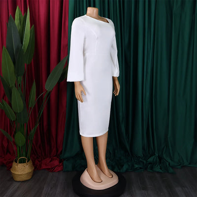 Elegant Office Dress for Women Professional Skew Collar Full Sleeve Sheath Package Hips Mid Calf Formal Business Work Wear Dress